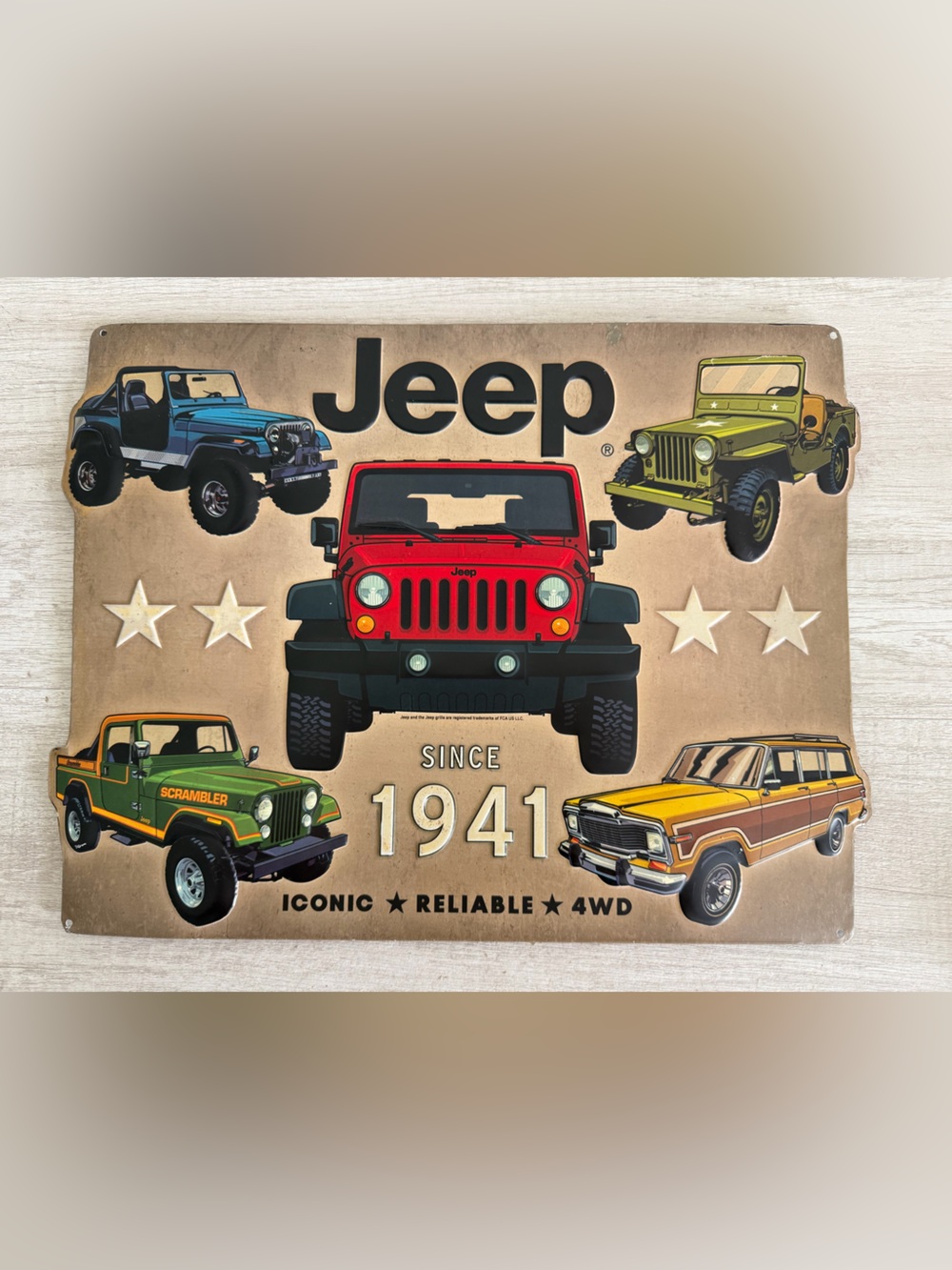 JEEP Embossed Tin Retro Style Wall Sign Iconic * Reliable * 4WD Collage of Jeeps